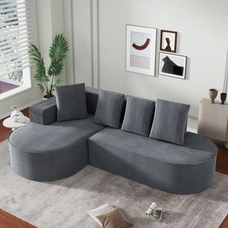 Flieks L-Form Sofa, Ecksofa Wolkensofa modular knochenlos & voll komprimiert, mit runden Liegestühlen & Tiefsitzen, Cord, Grau
