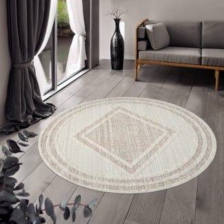 Teppich Rund - 120x120cm - Terra - Boho Style - Modern Raute Optik - Flachflor Wohnteppich Schlafzimmer Deko