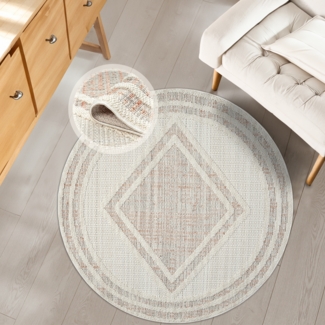 Teppich Rund - 120x120cm - Terra - Boho Style - Modern Raute Optik - Flachflor Wohnteppich Schlafzimmer Deko