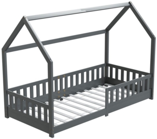 HAGO Kinderbett 90x200 cm Grau Hausbett Dach Rausfallschutz Massivholz Kiefer Spielbett, Montessori inspiriert, Hausform, Niedriger Einstieg,Rausfallschutz