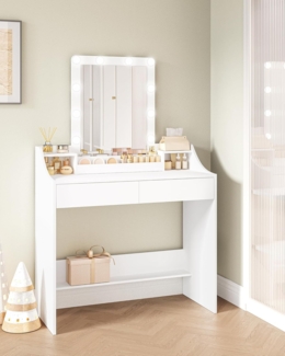 Schminktisch mit LED-Beleuchtung, 90cm, Einstellbare Helligkeit, Schminktisch mit Spiegel, mit 2 Schubladen und 3 Offenen F?chern, Modern, Wei?