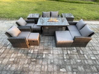 Fimous Gartenmöbel-Set im Freien 10 Stücke Polyrattan Möbel Gas Feuerstelle Esstisch Sofa Set mit 3 Hocker 2 Beistelltische Dunkelgrau Gemischt