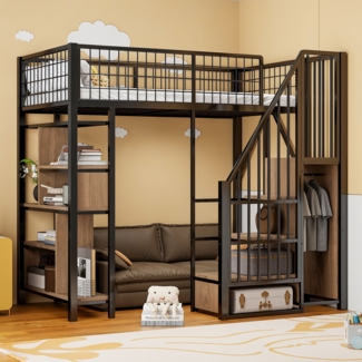 Merax Multifunktionales Hochbett 90 x 200 cm, Erwachsenenbett und Kinderbett, Metallbett mit Stauraum, Ablageflächen und Treppe, Schwarz