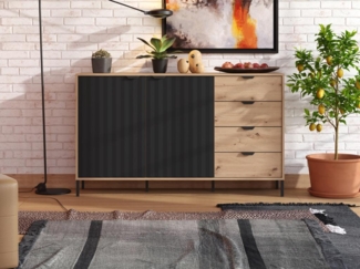 Vente-unique - Sideboard mit 2 Türen & 4 Schubladen - Holzfarben & Schwarz - MEVIELA