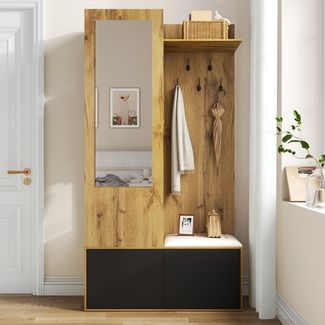 Garderobenset aus MDF mit Spiegel & Schuhschrank, 100x38x191 cm, Schwarz/Natur