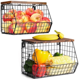 NUODWELL Obstschale Obstkorb Hängend, Obstschale Hängekorb Küche Mit Holzdeckel und Haken, (2-tlg)