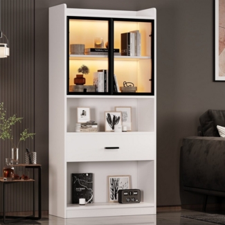 STILVORA Vitrine 153 Highboard Sideboard mit LED-leuchten,Kommode mit Pop-up Glastüren (Aufbewahrungsregale, Bücherregal Vitrine, Display Regal, 1-St, 1 Vitrine(2 Türen, 1 Schublade, 2 offene Fächer) mit Glastüren, LED-Beleuchtung 16 Lichtfarben