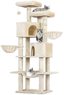 MSMASK Kratzbaum mit Sisalstämme, 2 Plattformen, 2 Katzenhöhlen, 2 Körbe, Hängematte, 180cm hoch, , beige