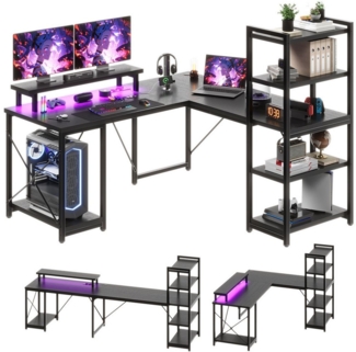 HOMALL Gamingtisch 140*75.5CM L-förmiger Spieltisch mit 2 Steckdosen und USB-Anschluss (Eckschreibtisch in Übergröße, Computertisch, Arbeitstisch mit mehrstufigen Ablagen und Staufächern, Konsolen)