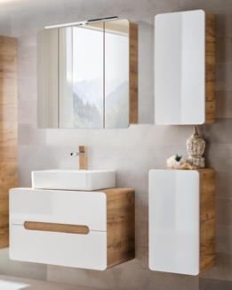 Badezimmer Möbelset mit Keramik Waschtisch LUTON-56 in Hochglanz weiß mit Wotan Eiche Nb, B/H/T ca. 130/200/46 cm