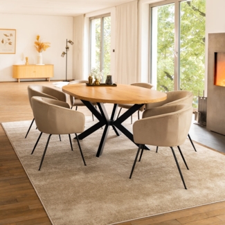 HOME DELUXE Essgruppe Rund Ausziehbar AVENTURA inkl. Sternfuß - 120-160 x 120 cm Light Oak 6 Stühle