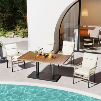 Merax Gartenlounge-Set, 4-Sitzer, Polyrattan mit Akazienholz Tischplatte, weiß, 120 x 70 x 75 cm