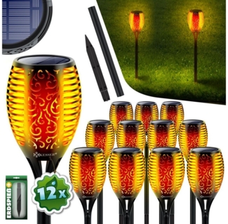 KESSER® Gartenfackel Solar Set Solarleuchten Flamme mit Wandhalterung + Erdspieß Licht-Sensor Wetterfest Garten Solarleuchte Fackel Lichter LED Gartenlampe Solarlampe Flammenlicht 12 LED´s, 12er Set