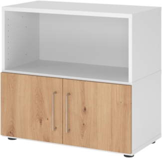bümö flexi Aktenschrank klein mit Flügeltüren & 1 Regalfach in Weiß/Asteiche, Büroschrank mit werkzeuglosem Schnellmontage-Klicksysten in modularer Bauweise, FW28T1KG-W-R-BS