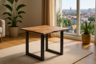 Esstisch Baumkante massiv Akazie stonefarben 80 x 80 cm schwarz LAURINA 71264869