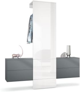 Garderobe Carlton Set 3, Wandgarderobe aus Flur-Paneel & 2 Schubladen-Kommoden, Anthrazit matt / Weiß Hochglanz (157 x 193 x 35 cm)