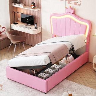 REDOM Polsterbett Bett Kinderbett Polsterbet Gästebett (mit Kronendesign und LED-Beleuchtung, Höhenverstellbares Kopfteil, 90x200 cm), Ohne Matratze