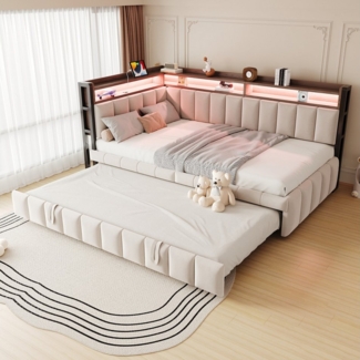 Flieks Daybett, LED Polsterbett Schlafsofa 90x200cm mit Aufladen, Ausziehbett 90x190cm