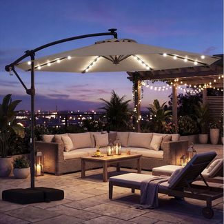 COSTWAY Sonnenschirm, mit Ständer und LED, 300 cm Ampelschirm 360° drehbar