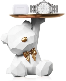 HEYHIPPO Dekotablett Dekofigur Bär mit Tablett – Niedliche weiße Bären-Skulptur aus Harz (Home Desktop Ornamente geeignet für Wohnzimmer Eingang Büro Wohnzimmer), Tierform, Aufbewahrung für Eingangsschlüssel, Geschenkidee 20×18,2 cm