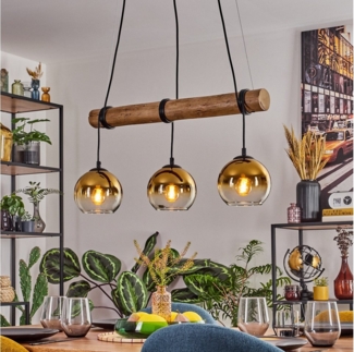 hofstein Pendelleuchte Hängelampe aus Metall/Holz/Glas in Schwarz/Natur-/Goldfarben/Klar, ohne Leuchtmittel, Hängeleuchte im Boho-Design mit Glasschirmen und Holzbalken, 3 x E27