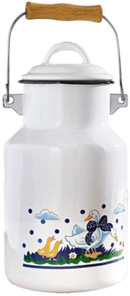 Milchkanne GÄNSEGLÜCK 2 Liter mit Deckel und Tragegriff, Emaille weiß mit Gänsemotiv, innen weiß mit schwarzem Rand