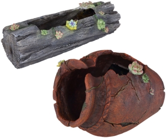 2er Set LED Solarleuchten, Blumentopf, Holzstamm, Krug