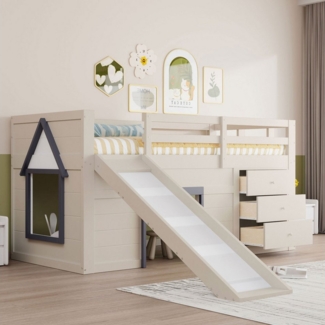 Ulife Hochbett mit Rutsche, drei Schubladen und zwei Türen, (1-St) Creme, 90 x 200cm