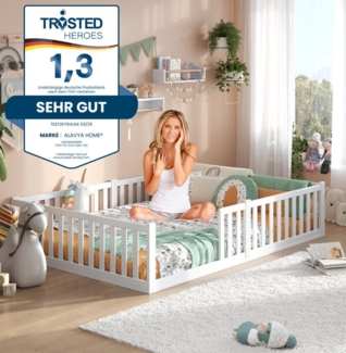 Alavya Home® Kinderbett Bodenbett TITAN aus aus Buche – FSC® 100% zertifiziert (Bodenbett 140x200 cm Inklusive Matratze, Rausfallschutz & Lattenrost, Bett 140x200 weiß massiv BUCHE für Junge Mädchen und Eltern), Neu und Hochwertig – Einzigartig auf OTT...