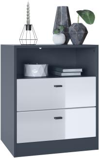 Vladon Kommode Pino V1, Nachttisch mit 2 Schubladen & 1 offenem Fach, Anthrazit matt/Weiß Hochglanz ohne LED (56 x 67,5 x 36 cm)