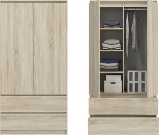 Home Collective Kleiderschrank Schrank 90cm breit mit 2 Schubladen, 3 Einlegeböden und Kleiderstange (Haushaltsschrank Schrank Organizer erweiterbar auf 235cm Höhe für Schlafzimmer Flur Keller Büro) 180cm hoch mit 7 Fächern aus Holz in sonoma