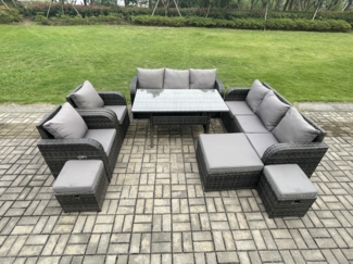 Fimous Terrassenmöbel Set Polyrattan Langer Rechteckiger Esstisch und Sofa set mit Tisch Sessel 3 Hockern Dunkelgrau gemischt