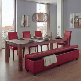 Garnitur Sitzgruppe Bank mit Aufbewahrung Kriens XXL+4 Stühle Littau, Kunstleder/Leder FSC®-zertifiziert ~ rot