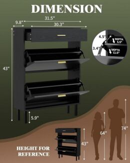GarveeMore Schuhschrank aus Holz mit 3 Schubladen und 2 verstellbaren Regalböden schmale Schuhschrank,freistehendes Schuhregal für Flur,80x25x109cm