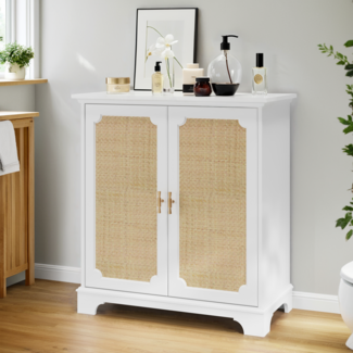 Rattanschrank mit 2 Türen, Holz Sideboard 80 x 38 x 86 cm, Kommode mit Stauraum & verstellbaren Einlegeböden
