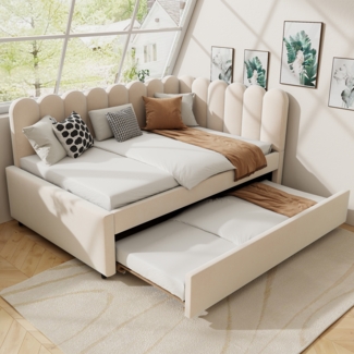 Merax Polsterbett mit Lattenrost und Ausziehbett, Samt Beige, 140 x 200 cm + 90 x 190 cm