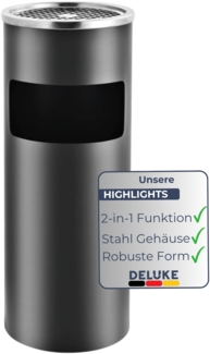 DELUKE® Runder Standaschenbecher für Draußen 30L - 25x61cm Stahl | Mülleimer mit Aschenbecher Abfalleimer mit Inneneimer Standascher Outdoor, Grau