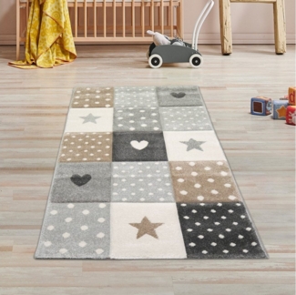 TeppichHome24 Kinderteppich Kinderzimmer Teppich Herz Stern braun beige grau, rechteckig, Höhe: 13 mm