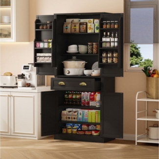 Flieks Mehrzweckschrank mit 4 Türen und 1 Schublade Weiß/Schwarz (mit Türablagen, 1-St, B80/T40/H182 cm) Hochschrank Vorratsschrank Küchenschrank mit verstellbare Ablagen