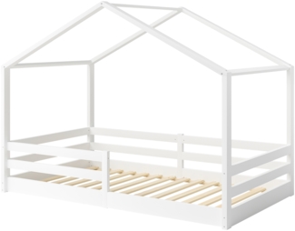 Bellabino 'Abia' Hausbett 120x200 cm mit Matratze, weiß, Kiefer Massivholz, Bodenbett in Hausoptik, Montessori Kinderbett mit Rausfallschutz und Lattenrost