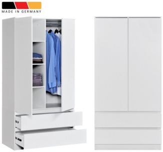Home Collective Kleiderschrank mit 2 Türen, 3 Einlegeböden und 2 Schubkästen in Weiß (Schrank Garderobenschrank für Schlafzimmer, Kinderzimmer, Flur, Keller) Kleiderschrank 90 cm breit mit Schubladen Höhe 182 cm