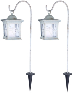 2er Set LED Solar Erdspießleuchte mit aufgehängter Laterne, Weiß Höhe 68cm