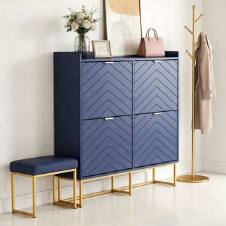 UEV Schuhschrank mit 4 Klappen, Schuhkipper Schmal, Schuhregal mit Metallfüße weiß (Packung, Modern Schuhaufbewahrung mit Oberplatte Schuhkommode mit Kippsicherung) trennwände verstellbar und abnehmbar für verschiedene Schuhtypen