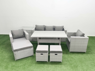 Fimous Gartenmöbel-Set aus Rattan mit Sofa Esstisch 2 Sesseln 3 Fußhockern Beistelltisch Hellgrau gemischt