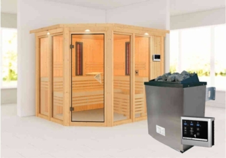 Karibu Sauna Ava mit Dachkranz + 9kW Saunaofen mit ext. Steuerung Easy