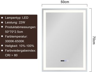 ZMH Beleuchteter Badezimmerspiegel – 50 x 70 cm, LED, Wandmontage, IP44, Touch-Schalter, Uhr, beschlagfrei, verstellbar
