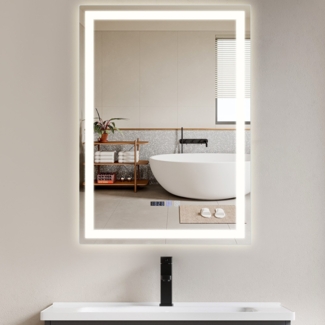 ZMH Beleuchteter Badezimmerspiegel – 50 x 70 cm, LED, Wandmontage, IP44, Touch-Schalter, Uhr, beschlagfrei, verstellbar