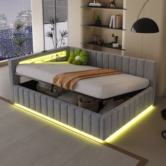 Merax Daybett Polsterbett Schlafsofa 140x200, Mit hydraulischem Stauraum, Mit LED-Licht und USB-Ladeanschluss, Samt, hellgrau