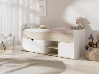 Vente-unique - Bett 90 x 190 cm mit Stauraum - Farbe: Natur und Weiß + Lattenrost + Matratze - LOSTYA