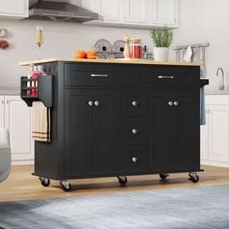 Küchenwagen 140x40(65)x89 cm mit ausklappbarer Arbeitsplatte, 5 Schubladen, Gewürzregal und Rollen in Weiß/Natur